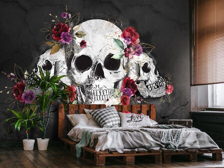 Skulls fotobehang Flowers