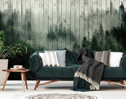 Misty Forest op hout fotobehang