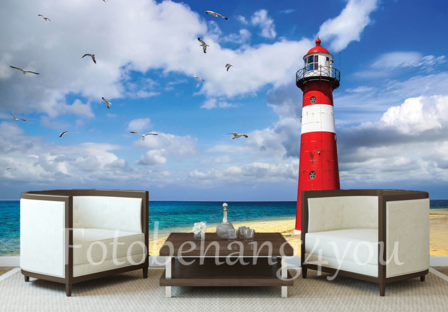 Strand fotobehang vuurtoren