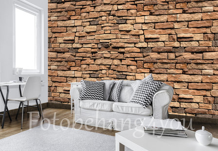 stenen muur behang bruin