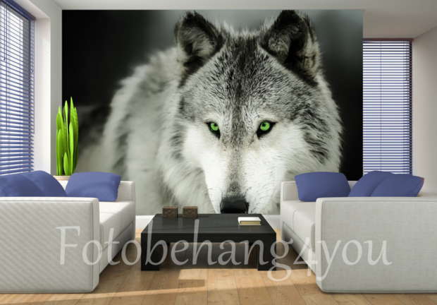 Wolf behang met groene ogen