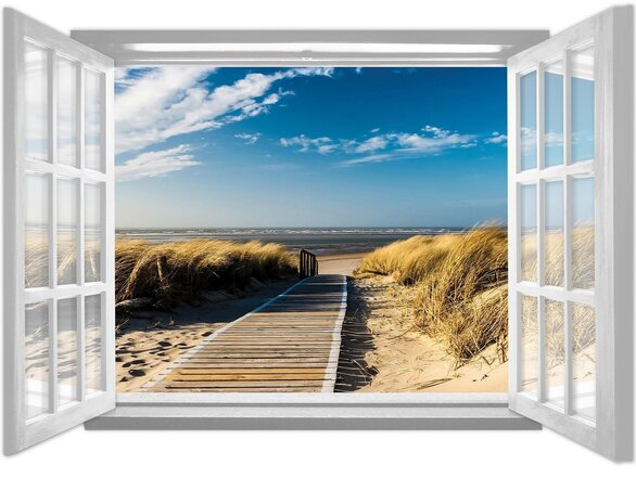 Raam strand fotobehang loopplank